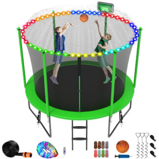 Jump Into Fun Trampoline 8 10 12 14 15 16FT, 800LBS Trampoline for Kids, Trampolines with Enclosure, Basketball Hoop, Wind Stakes, More Gifts, Outdoor Galvanized Anti-Rust Coating Trampoline