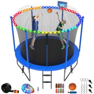 Jump Into Fun Trampoline 8 10 12 14 15 16FT, 800LBS Trampoline for Kids, Trampolines with Enclosure, Basketball Hoop, Wind Stakes, More Gifts, Outdoor Galvanized Anti-Rust Coating Trampoline