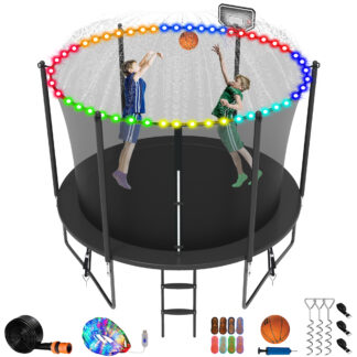Jump Into Fun Trampoline 8 10 12 14 15 16FT, 800LBS Trampoline for Kids, Trampolines with Enclosure, Basketball Hoop, Wind Stakes, More Gifts, Outdoor Galvanized Anti-Rust Coating Trampoline