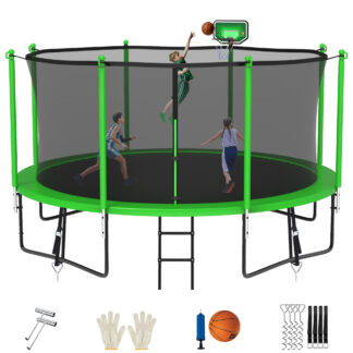 Jump Into Fun Trampoline for 5-6 Kids/ 2-3 Adults, 12FT 14FT 15FT 16FT 1200LBS Trampoline with Enclosure, Basketball Hoop, Wind Stakes, Ladder, Outdoor Recreational Trampoline