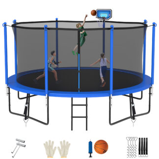 Jump Into Fun Trampoline for 5-6 Kids/ 2-3 Adults, 12FT 14FT 15FT 16FT 1200LBS Trampoline with Enclosure, Basketball Hoop, Wind Stakes, Ladder, Outdoor Recreational Trampoline
