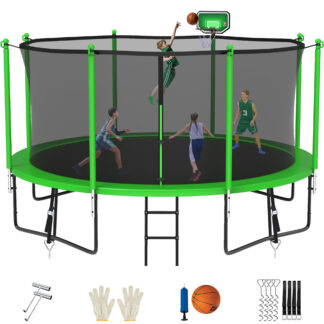 Jump Into Fun Trampoline for 7-8 Kids/ 3-4 Adults, 12FT 14FT 15FT 16FT 1400LBS Trampoline with Enclosure, Basketball Hoop, Wind Stakes, Ladder, Outdoor Recreational Trampoline