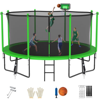 Jump Into Fun Trampoline for 7-8 Kids/ 3-4 Adults, 12FT 14FT 15FT 16FT 1400LBS Trampoline with Enclosure, Basketball Hoop, Wind Stakes, Ladder, Outdoor Recreational Trampoline