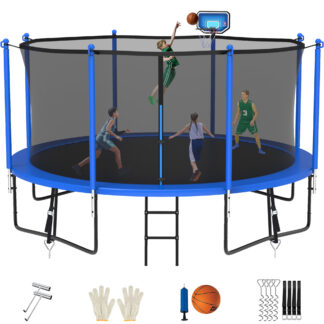 Jump Into Fun Trampoline for 7-8 Kids/ 3-4 Adults, 12FT 14FT 15FT 16FT 1400LBS Trampoline with Enclosure, Basketball Hoop, Wind Stakes, Ladder, Outdoor Recreational Trampoline