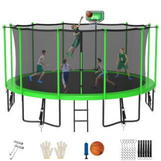 Jump Into Fun Trampoline for 8-9 Kids/ 3-5 Adults, 12FT 14FT 15FT 16FT 1500LBS Trampoline with Enclosure, Basketball Hoop, Wind Stakes, Ladder, Outdoor Recreational Trampoline