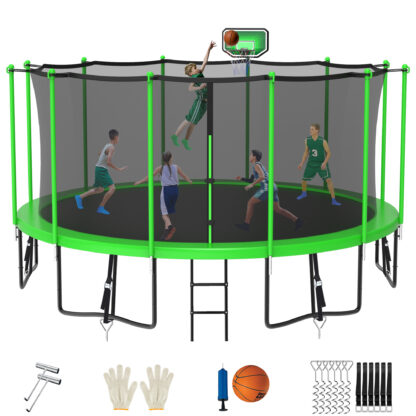 Jump Into Fun Trampoline for 8-9 Kids/ 3-5 Adults, 12FT 14FT 15FT 16FT 1500LBS Trampoline with Enclosure, Basketball Hoop, Wind Stakes, Ladder, Outdoor Recreational Trampoline