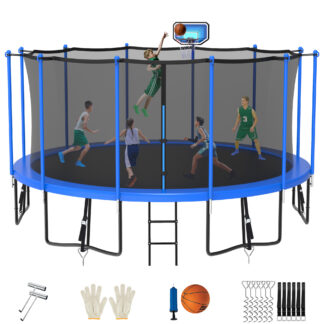 Jump Into Fun Trampoline for 8-9 Kids/ 3-5 Adults, 12FT 14FT 15FT 16FT 1500LBS Trampoline with Enclosure, Basketball Hoop, Wind Stakes, Ladder, Outdoor Recreational Trampoline
