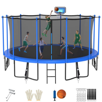 Jump Into Fun Trampoline for 8-9 Kids/ 3-5 Adults, 12FT 14FT 15FT 16FT 1500LBS Trampoline with Enclosure, Basketball Hoop, Wind Stakes, Ladder, Outdoor Recreational Trampoline