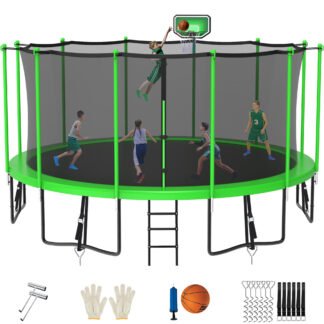 Jump Into Fun Trampoline for 10 Kids/ 4-5 Adults, 12FT 14FT 15FT 16FT 1500LBS Trampoline with Enclosure, Basketball Hoop, Wind Stakes, Ladder, Outdoor Recreational Trampoline