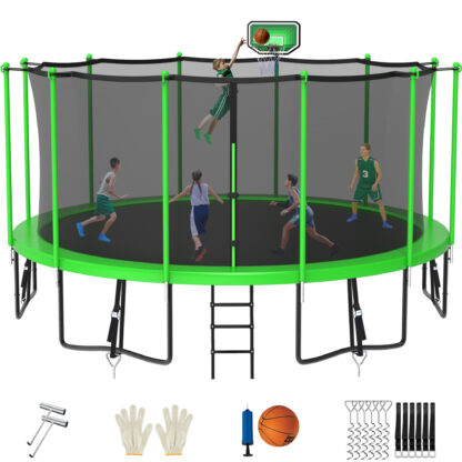 Jump Into Fun Trampoline for 10 Kids/ 4-5 Adults, 12FT 14FT 15FT 16FT 1500LBS Trampoline with Enclosure, Basketball Hoop, Wind Stakes, Ladder, Outdoor Recreational Trampoline