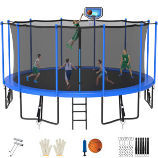 Jump Into Fun Trampoline for 10 Kids/ 4-5 Adults, 12FT 14FT 15FT 16FT 1500LBS Trampoline with Enclosure, Basketball Hoop, Wind Stakes, Ladder, Outdoor Recreational Trampoline