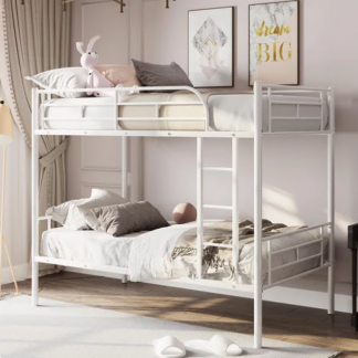 Jump Into Fun Bunk Bed Twin over Twin, Metal Bunk Bed for Kids Teens Adults Convertible into 2 Bed with 42 Sturdy Slats, Guard Rail & Ladder, Hold 600lb Bunk Bed for Guest Room, Noise Free, White