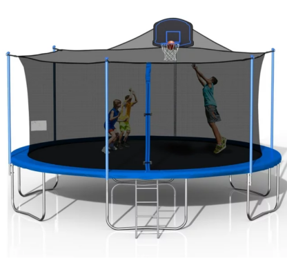 Jump Into Fun 16 FT Trampoline for Adults and Kids, Outdoor Trampoline with Basketball Hoop, Enclosure, Waterproof Mat and Ladder, Trampoline for Backyard for 8-9 Kids