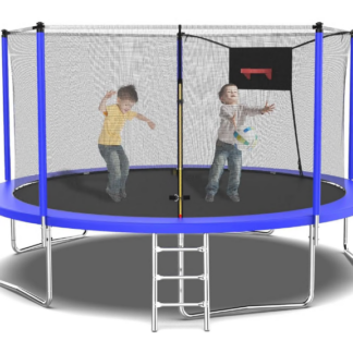 Jump Into Fun Trampoline 14FT with Enclosure, 1400LBS Capacity for 2-3 Adults or 5-6 Kids, Outdoor Trampoline with Basketball Hoop, Ladder, No Gap Design Blue Recreational Trampoline