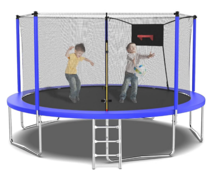 Jump Into Fun Trampoline 14FT with Enclosure, 1400LBS Capacity for 2-3 Adults or 5-6 Kids, Outdoor Trampoline with Basketball Hoop, Ladder, No Gap Design Blue Recreational Trampoline