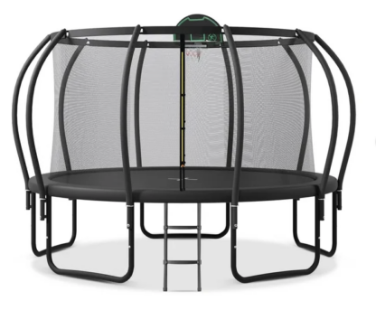 Jump Into Fun Trampoline 12FT 14FT 15FT 16FT, 1400LBS Trampoline for Adults/ 7-8 Kids, Trampoline with Enclosure, Basketball Hoop, Wind Stakes, Outdoor Upgraded Arc Pole Trampoline