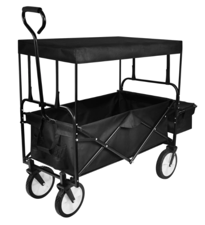 Jump Into Fun Collapsible Wagons, Heavy Duty Folding Cart with Removable Canopy, Adjustable Handle, Wheels & Double Fabric, Beach Wagon Cart for Kids, Garden Wagon Cart for Sand, Large Wagon, Black