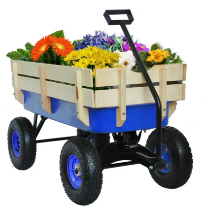 Jump Into Fun Wagon Cart for Kids, Kids Garden Wagon Cart with Rubber Wheels, Removable Wooden Side and Big Wheels, 220LBS Capacity, All Terrain Pulling, Heavy Duty Utility Wagon for Kids (Blue)