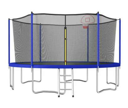 Jump Into Fun Trampoline 15FT, 1500LBS Trampoline for 3-4 Adults or 7-8 Kids, Trampoline with Enclosure, Basketball Hoop, Ladder, Recreational Outdoor Spray Galvanized Trampoline