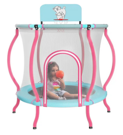 Jump Into Fun 48" Trampoline for Kids, 4FT Mini Trampoline Indoor & Outdoor Toddlers Trampoline with Safety Enclosure, Basketball Hoop, No Gap Design Trampoline, Birthday Gift for Kids Age 1-8, Blue