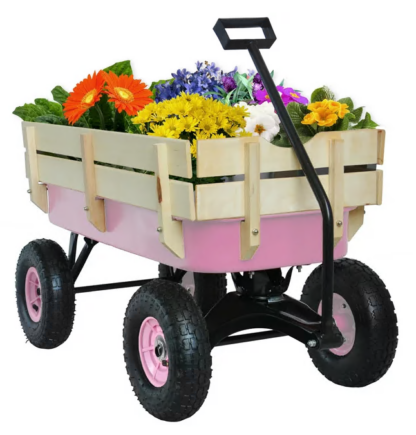 Jump Into Fun Wagon Cart for Kids, Kids Garden Wagon Cart with Rubber Wheels, Removable Wooden Side and Big Wheels, 220LBS Capacity, All Terrain Pulling, Heavy Duty Utility Wagon for Kids (Pink)