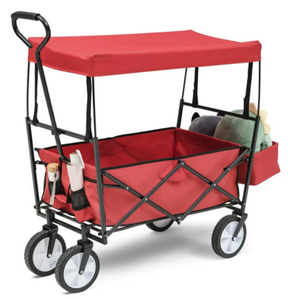 Jump Into Fun Collapsible Wagons, Heavy Duty Folding Cart with Canopy, Adjustable Handle, 360 Degree Wheels & Storage Basket, Beach Wagon Cart for Kids, Garden Wagon Cart for Sand, Large Wagon, Red