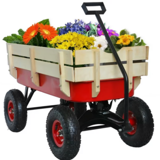 Jump Into Fun Wagon Cart for Kids, Kids Garden Wagon Cart with Rubber Wheels, Removable Wooden Side and Big Wheels, 220LBS Capacity, All Terrain Pulling, Heavy Duty Utility Wagon for Kids (Red)