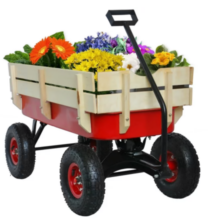 Jump Into Fun Wagon Cart for Kids, Kids Garden Wagon Cart with Rubber Wheels, Removable Wooden Side and Big Wheels, 220LBS Capacity, All Terrain Pulling, Heavy Duty Utility Wagon for Kids (Red)
