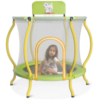 Jump Into Fun 48" Trampoline for Kids, 4FT Mini Trampoline Indoor & Outdoor Toddlers Trampoline with Safety Enclosure, Basketball Hoop, No Gap Design Trampoline, Birthday Gift for Kids Age 1-8, Yellow