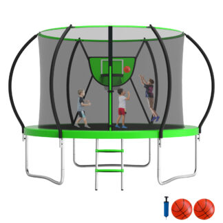 Jump Into Fun Trampoline 10FT 12FT 14FT 16FT, Trampoline with Enclosure, Basketball Hoop, 2 Balls and Ladder, 1000LBS Trampoline for 3-4 Kids, Outdoor No Gap Design Round Trampoline