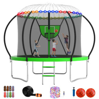 Jump Into Fun Trampoline 10FT, 1000LBS Trampoline for 3-4 Kids, Trampoline with Enclosure, Basketball Hoop, 2 Balls and More Gifts, Outdoor No Gap Design Pumpkin Trampoline for Adults