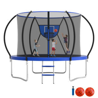 Jump Into Fun Trampoline 10FT, 1000LBS Trampoline for 3-4 Kids, Trampoline with Enclosure, Basketball Hoop, 2 Balls and Ladder, Outdoor No Gap Design Pumpkin Trampoline for Adults
