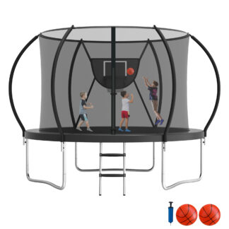 Jump Into Fun Trampoline 10FT, 1000LBS Trampoline for 3-4 Kids, Trampoline with Enclosure, Basketball Hoop, 2 Balls and Ladder, Outdoor No Gap Design Pumpkin Trampoline for Adults