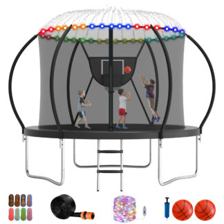 Jump Into Fun Trampoline 10FT, 1000LBS Trampoline for 3-4 Kids, Trampoline with Enclosure, Basketball Hoop, 2 Balls and More Gifts, Outdoor No Gap Design Pumpkin Trampoline for Adults