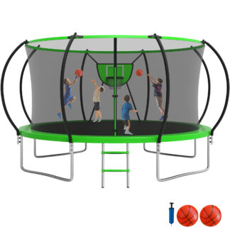 Jump Into Fun Trampoline, 12FT 14FT Trampoline Capacity for 4-5 Kids/1-2 Adults, Outdoor Trampoline with Enclosure, Basketball Hoop and 2 Balls, No Gap Design Heavy Duty Galvanized Pumpkin Trampoline