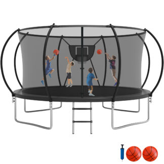 Jump Into Fun Trampoline, 12FT 14FT Trampoline Capacity for 4-5 Kids/1-2 Adults, Outdoor Trampoline with Enclosure, Basketball Hoop and 2 Balls, No Gap Design Heavy Duty Galvanized Pumpkin Trampoline