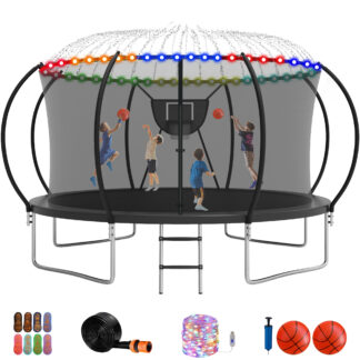 Jump Into Fun Trampoline, 12FT 14FT Trampoline for 4-5 Kids/1-2 Adults, Trampoline with Enclosure, Basketball Hoop, 2 Balls and More Gifts, No Gap Design Heavy Duty Galvanized Pumpkin Trampoline
