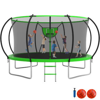 Jump Into Fun Trampoline with Enclosure, 15FT 1500LBS Trampoline for Kids/Adults with Basketball Hoop, Wind Stakes, Ladder, Outdoor Recreational Green Trampoline Capac