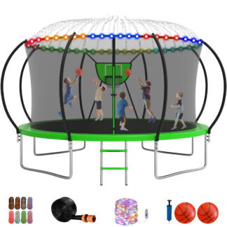 Jump Into Fun Trampoline, 12FT 14FT Trampoline for 6-7 Kids/3-4 Adults, Trampoline with Enclosure, Basketball Hoop, 2 Balls and More Gifts, No Gap Design Heavy Duty Galvanized Pumpkin Trampoline