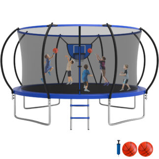 Jump Into Fun Trampoline, 12FT 14FT Trampoline Capacity for 6-7 Kids/3-4 Adults, Outdoor Trampoline with Enclosure, Basketball Hoop and 2 Balls, No Gap Design Heavy Duty Galvanized Pumpkin Trampoline