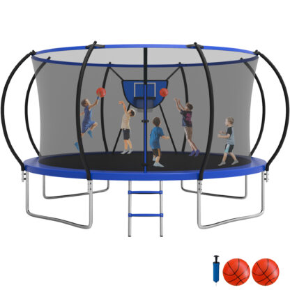 Jump Into Fun Trampoline, 12FT 14FT Trampoline Capacity for 6-7 Kids/3-4 Adults, Outdoor Trampoline with Enclosure, Basketball Hoop and 2 Balls, No Gap Design Heavy Duty Galvanized Pumpkin Trampoline