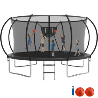 Jump Into Fun Trampoline, 12FT 14FT Trampoline Capacity for 6-7 Kids/3-4 Adults, Outdoor Trampoline with Enclosure, Basketball Hoop and 2 Balls, No Gap Design Heavy Duty Galvanized Pumpkin Trampoline