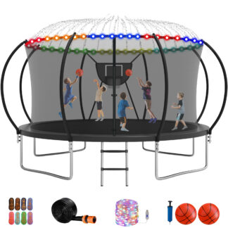 Jump Into Fun Trampoline, 12FT 14FT Trampoline for 6-7 Kids/3-4 Adults, Trampoline with Enclosure, Basketball Hoop, 2 Balls and More Gifts, No Gap Design Heavy Duty Galvanized Pumpkin Trampoline