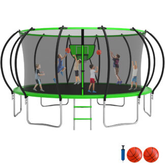 Jump Into Fun Trampoline 15FT, 1500LBS Trampoline for 7-8 Kids, Trampoline with Enclosure, Basketball Hoop, 2 Balls and Ladder, Outdoor No Gap Design Pumpkin Trampoline for Adults