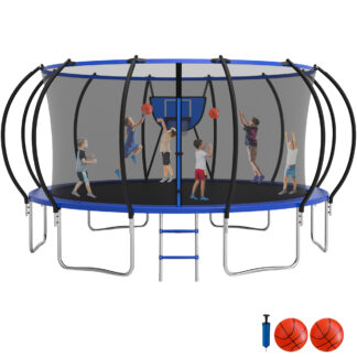 Jump Into Fun Trampoline 16FT, 1500LBS Trampoline for 7-8 Kids, Trampoline with Enclosure, Basketball Hoop, 2 Balls and Ladder, Outdoor No Gap Design Pumpkin Trampoline for Adults