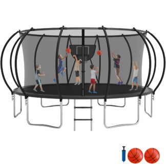 Jump Into Fun Trampoline 15FT, 1500LBS Trampoline for 7-8 Kids, Trampoline with Enclosure, Basketball Hoop, 2 Balls and Ladder, Outdoor No Gap Design Pumpkin Trampoline for Adults