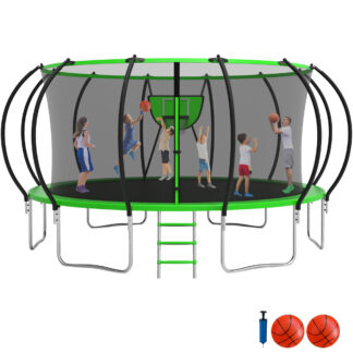 Jump Into Fun Trampoline 10FT 12FT 14FT 16FT, Trampoline with Enclosure, Basketball Hoop, 2 Balls and Ladder, 1500LBS Trampoline for 3-4 Adults/ 8-10 Kids, Outdoor No Gap Design Round Trampoline