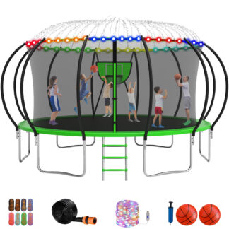Jump Into Fun Trampoline 16FT, 1500LBS Trampoline for Adults/ 8-10 Kids, Trampoline with Enclosure, Basketball Hoop, Shoes Bags, More Gifts, Galvanized Full Spray Round Outdoor Pumpkin Trampoline
