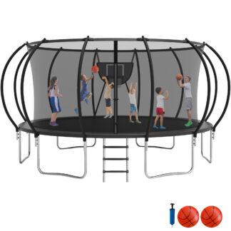 Jump Into Fun Trampoline 10FT 12FT 14FT 16FT, Trampoline with Enclosure, Basketball Hoop, 2 Balls and Ladder, 1500LBS Trampoline for 3-4 Adults/ 8-10 Kids, Outdoor No Gap Design Round Trampoline