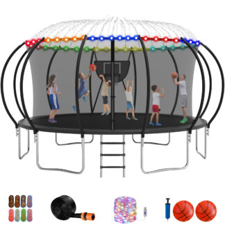 Jump Into Fun Trampoline 10FT 12FT 14FT 16FT, Trampoline with Enclosure, Basketball Hoop, 2 Balls, LED Light and More Gifts, 1500LBS Trampoline for 3-4 Adults/ 10 Kids, Outdoor Backyard Trampoline